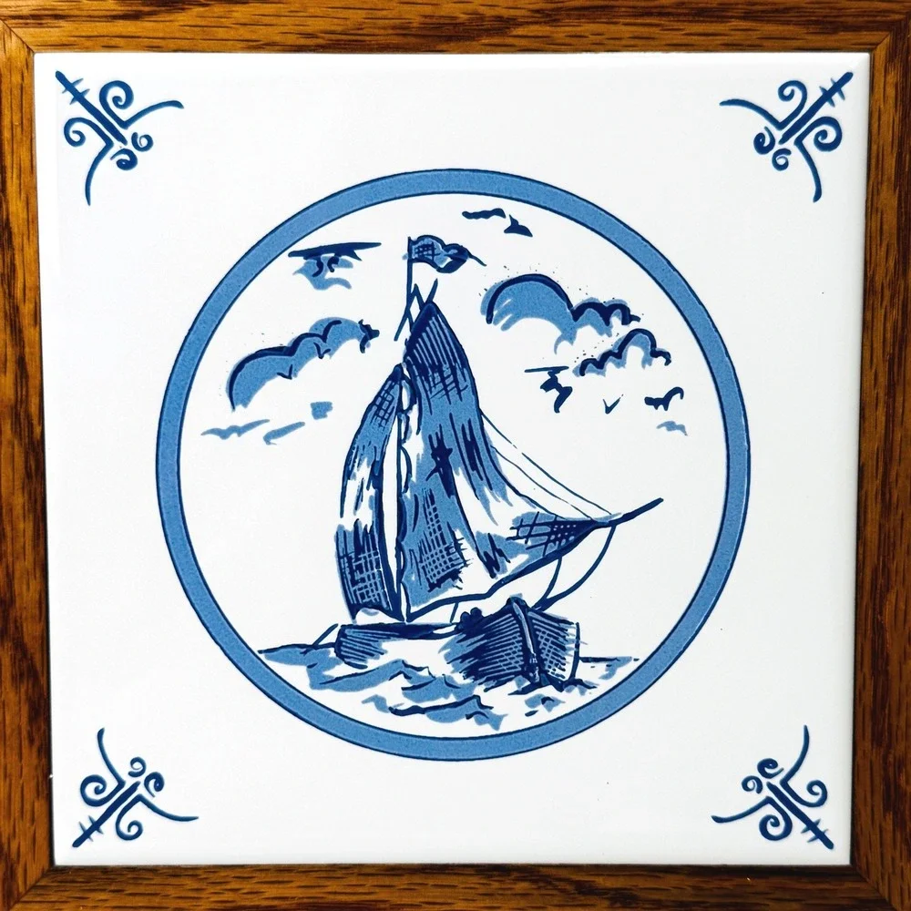 1994 Cape NC Sailboat Ceramic Tile Trivet Oak Frame Nautical Quality Delft Blue